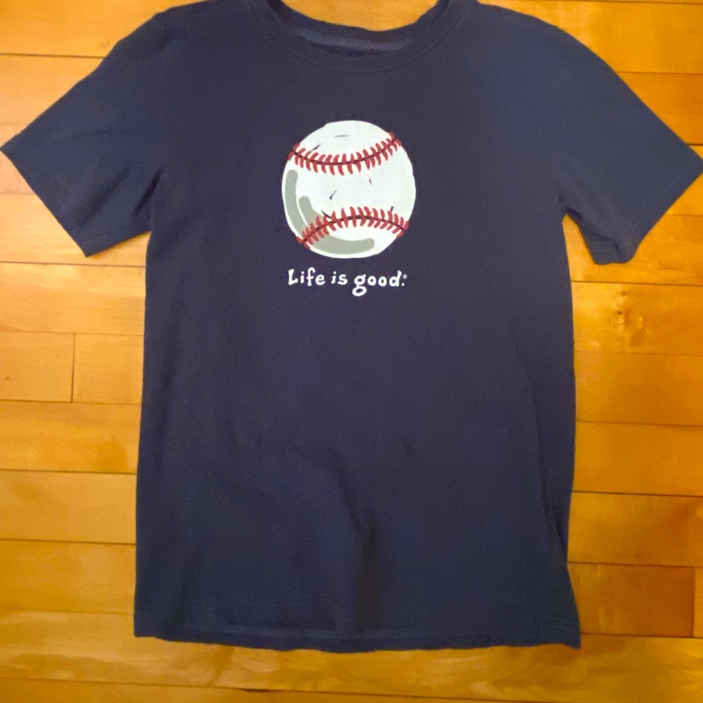 Boys blue short sleeve Life is Good baseball t-shirt. Size Medium.